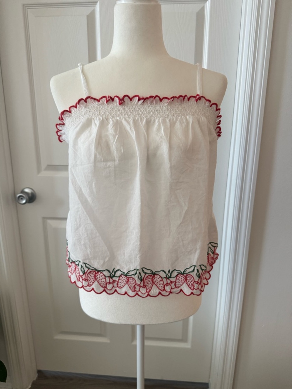 Joie White Cotton Camisole with Red Strawberry Embroidery
